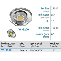 Ycl 5+3w Cob Ledli Köşeli Aynalı Cam Spot 6500k