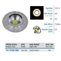 Ycl 5+3w Cob Ledli Cam Spot 6500k Mavi