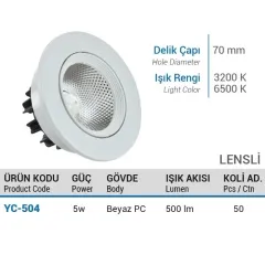 Ycl 5w S/A Cob Led Downlight Polikarbon Gün Işığı
